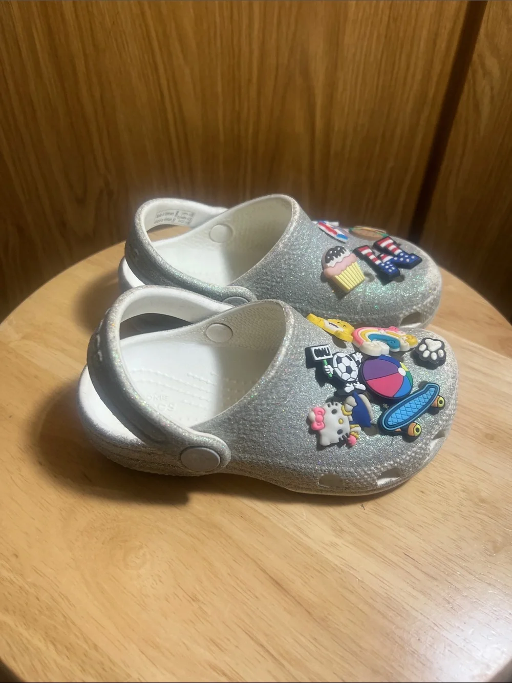 CROCS Kids Glittery Silver Clog Sandals with Colorful Jibbitz Charms